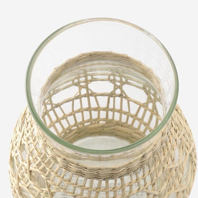 Round Hand-Blown Glass Vase with Rattan Weave