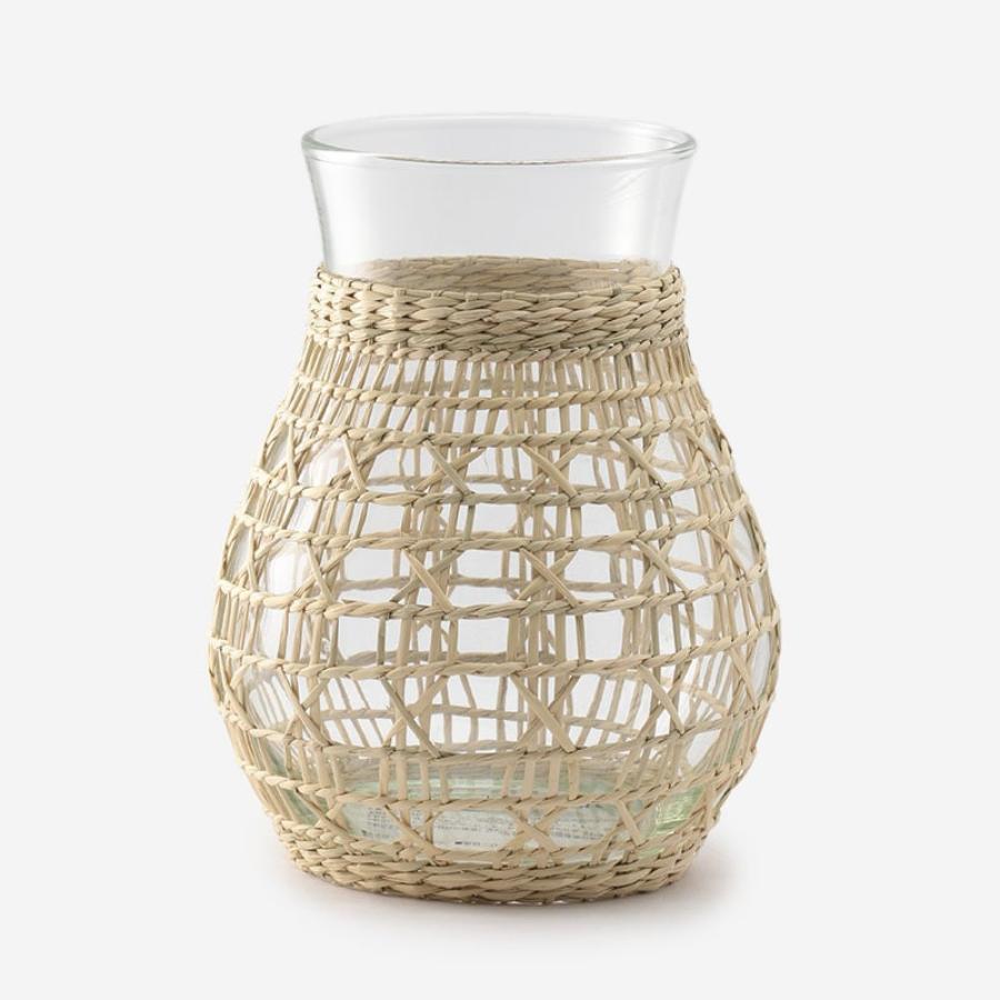 Round Hand-Blown Glass Vase with Rattan Weave