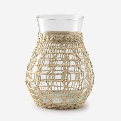 Round Hand-Blown Glass Vase with Rattan Weave