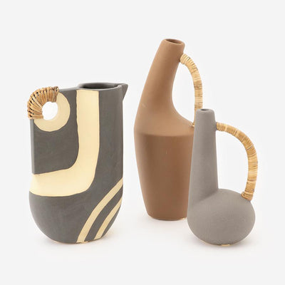 Ceramic Vase Object with Rattan Handle Grey