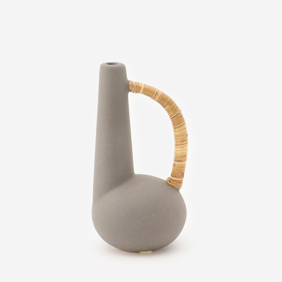 Ceramic Vase Object with Rattan Handle Grey