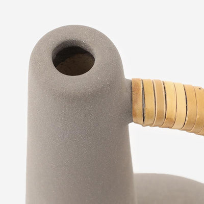 Ceramic Vase Object with Rattan Handle Grey