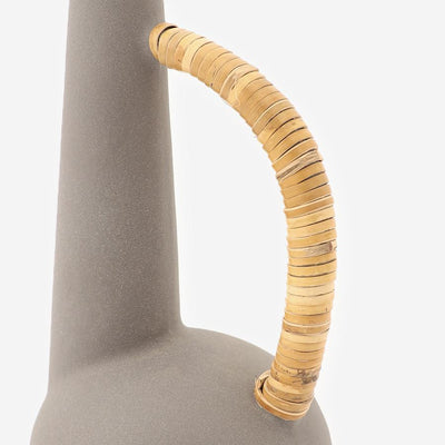 Ceramic Vase Object with Rattan Handle Grey
